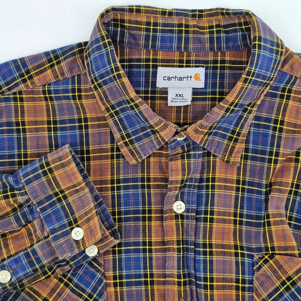 Carhartt Plaid Button Down Shirt Mens XXL Brown‎ Navy Blue Long Sleeve Workwear